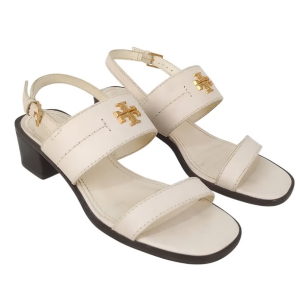 TORY BURCH ELEANOR HEEL SANDAL 55 MM CALF LEATHER IVORY/GOLDSize 11 NWOT